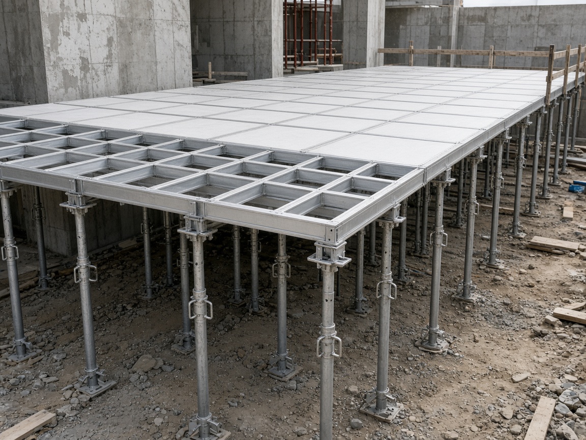 Slab formwork deck panels fitted with white plastic facing sheets