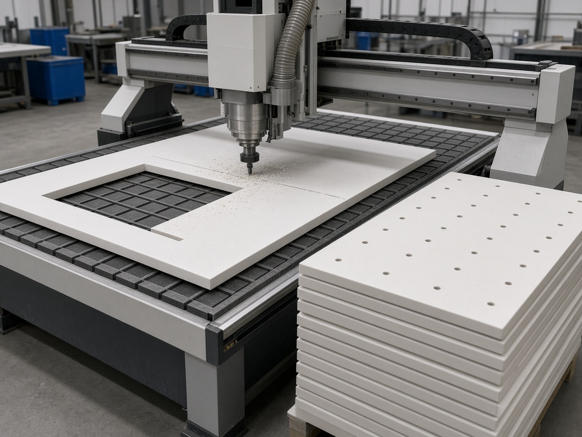 CNC router cutting a plastic formwork facing sheet to panel drawings