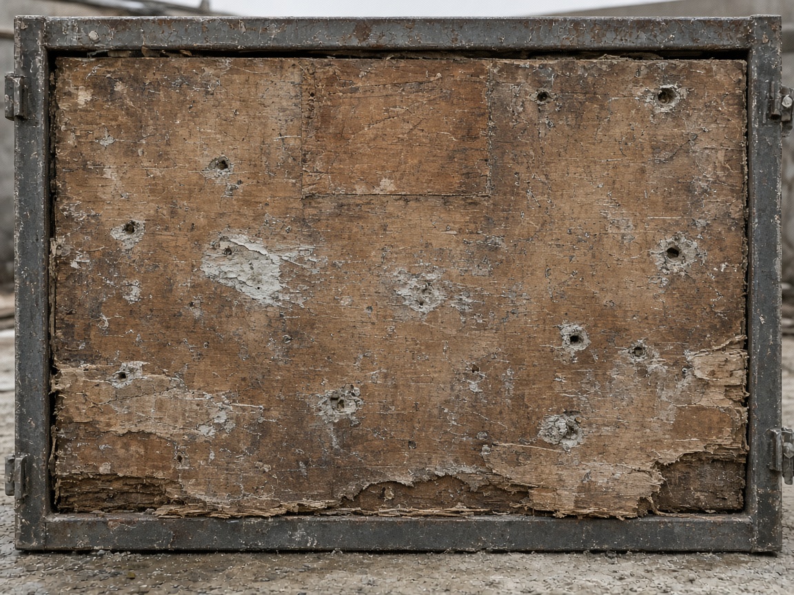 Worn and patched plywood facing on a system formwork panel