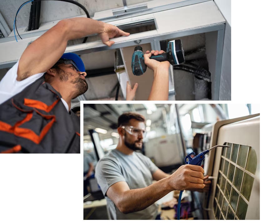 HVAC technician installing and servicing an air conditioning system