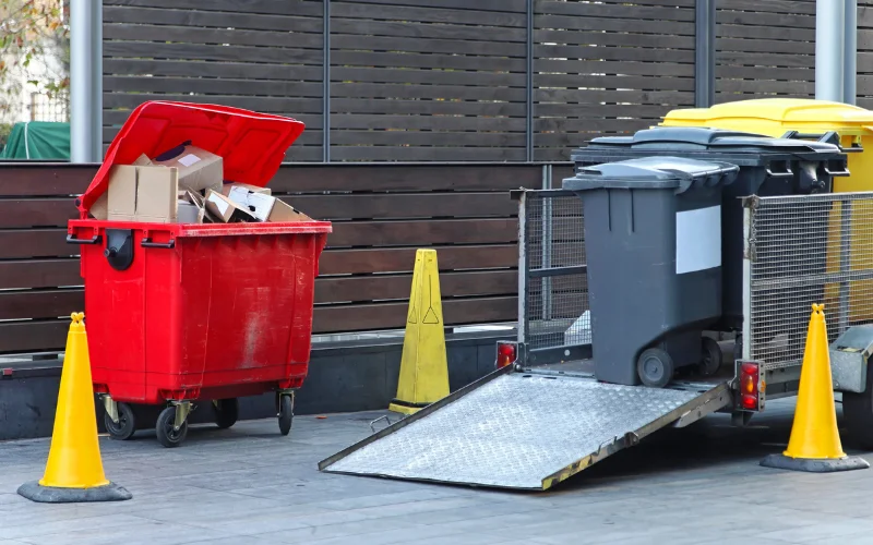 Commercial dumpster cleaning service removing waste and buildup from large outdoor dumpsters