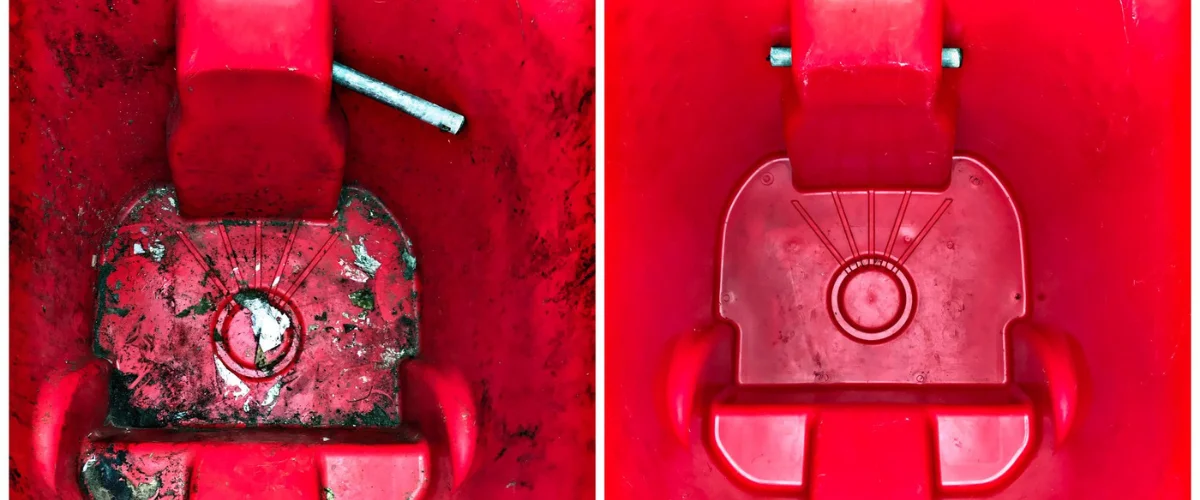 A split image showing the inside of a dirty red bin on the left and a clean red bin on the right, highlighting the transformation. A split image showing the inside of a dirty red bin on the left and a clean red bin on the right, highlighting the transformation.