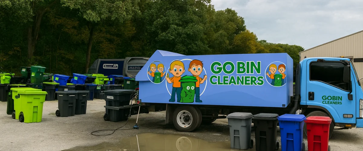 A light blue Go Bin Cleaners truck parked outdoors among various green, blue, and black recycling bins.