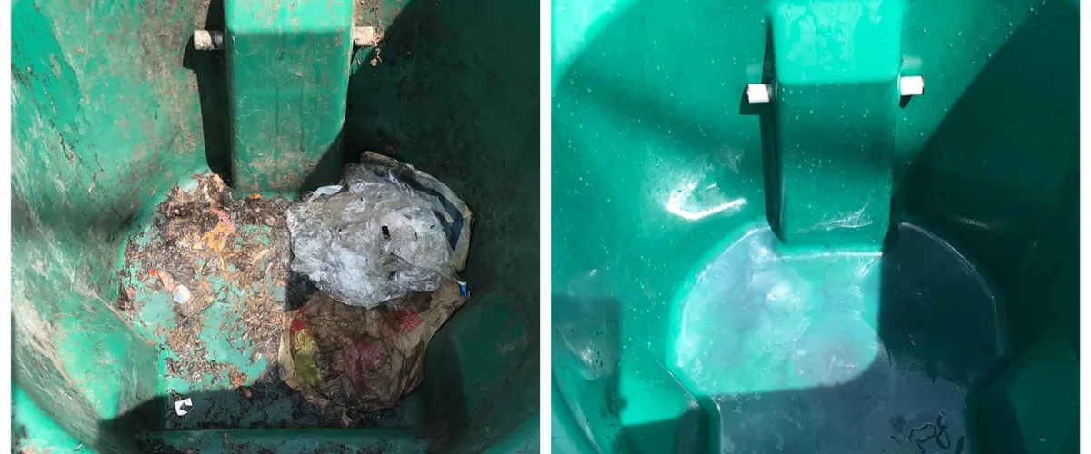 A split image showing a dirty green garbage bin on the left and the same bin clean on the right. A split image showing a dirty green garbage bin on the left and the same bin clean on the right.