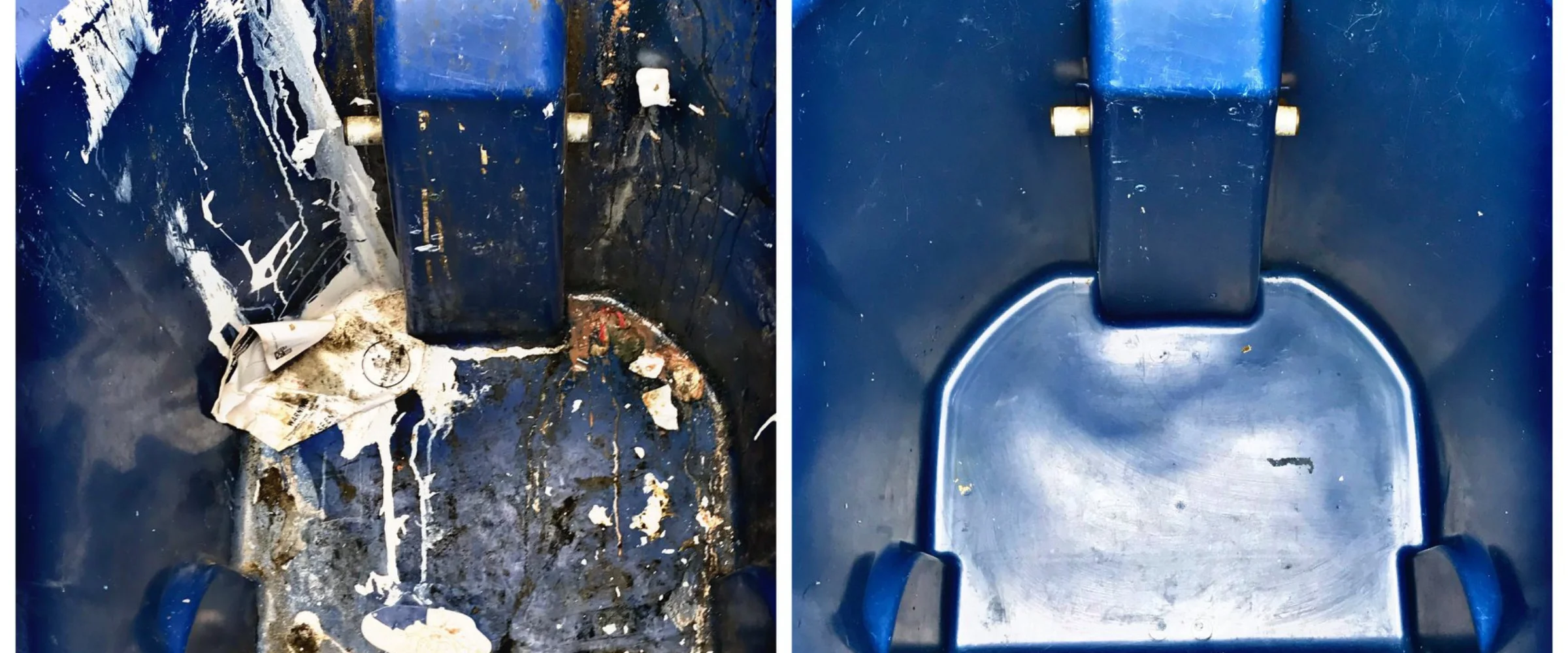 A split image showing the inside of a messy blue bin with paint on the left, and a clean blue bin on the right.