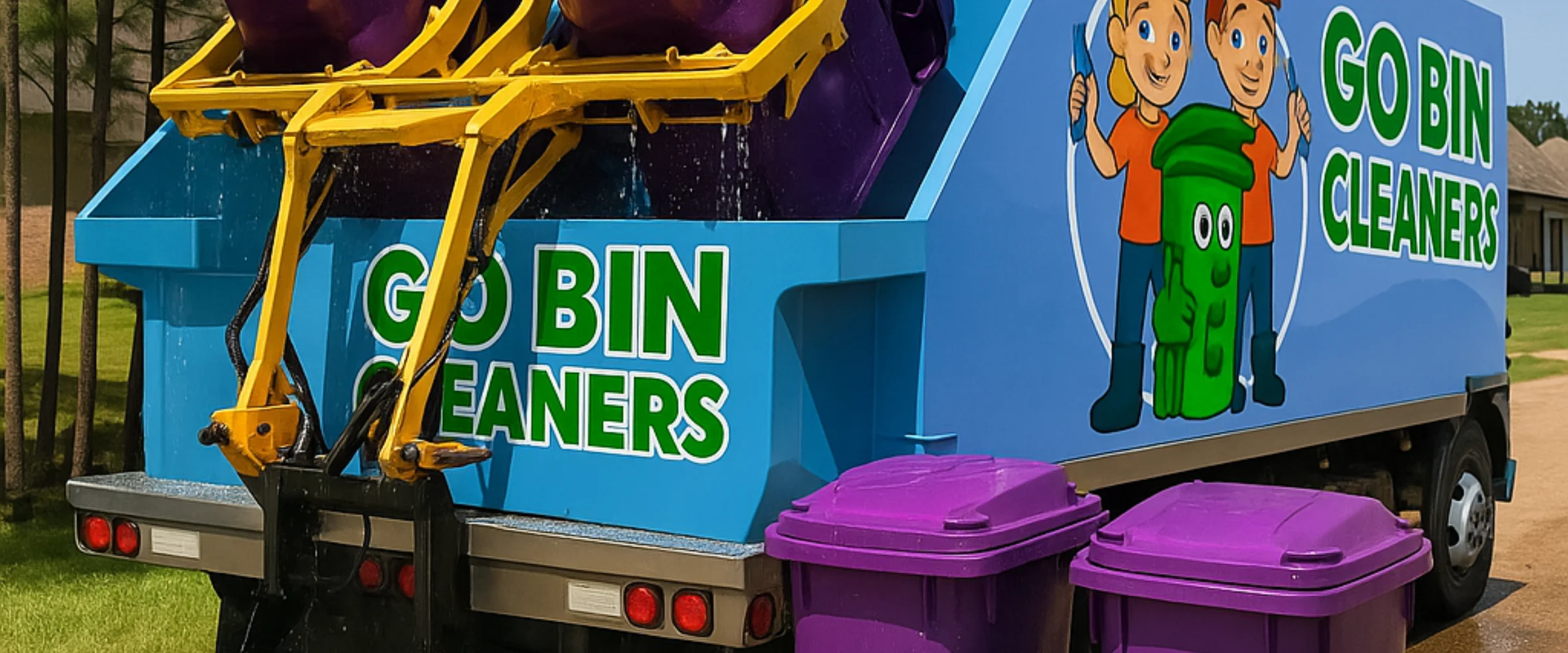 A blue Go Bin Cleaners truck with yellow bin-lifting mechanism, purple bins, and cartoon characters on the side.
