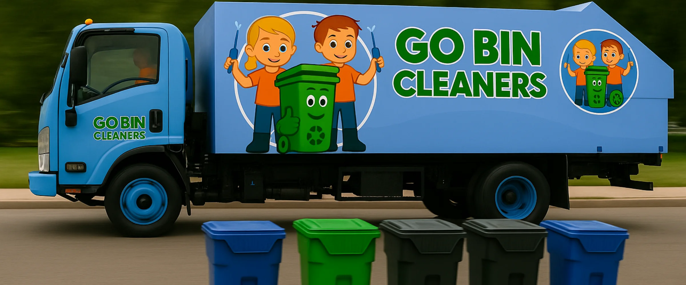 A bright blue 'Go Bin Cleaners' truck with cartoon children and a smiling green bin on its side, parked outdoors. A bright blue 'Go Bin Cleaners' truck with cartoon children and a smiling green bin on its side, parked outdoors.