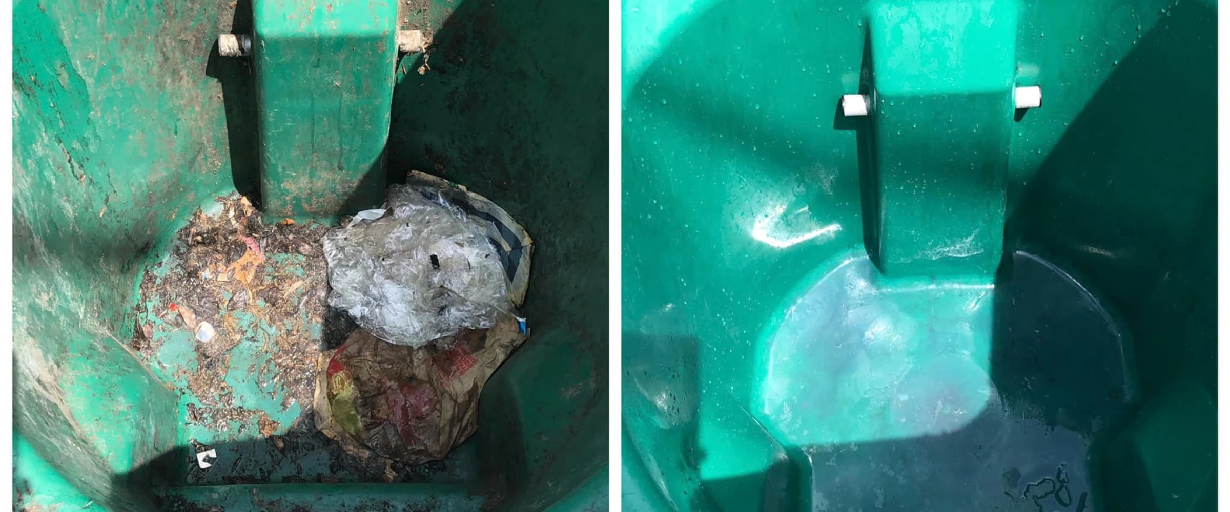 A split image showing the inside of a green trash bin, dirty on the left and clean on the right. A split image showing the inside of a green trash bin, dirty on the left and clean on the right.