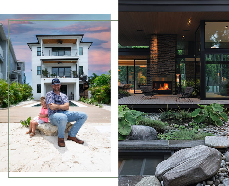 Residential backyard landscape design in Saint Petersburg, featuring a waterfront home with a beach and a modern outdoor living space with a fireplace.