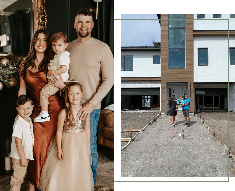 A collage of a family portrait and a landscaping pathway under construction in South Tampa.