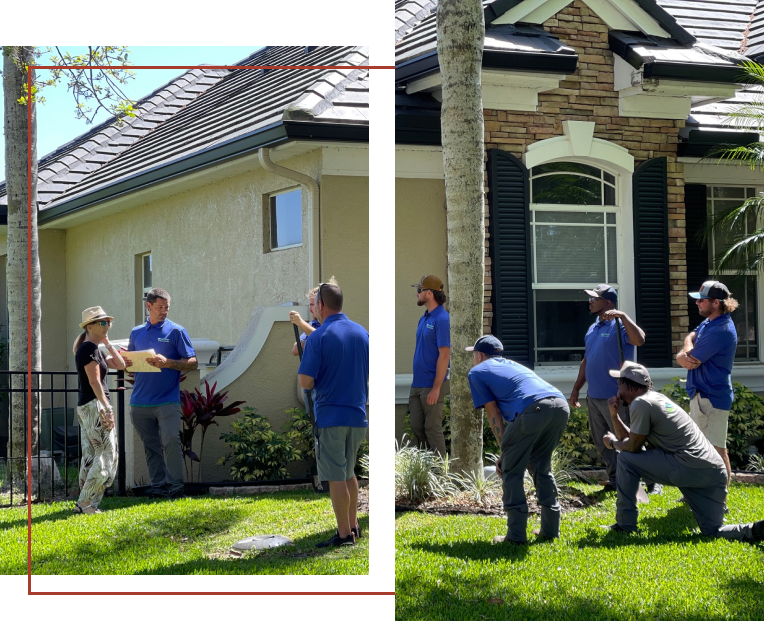A collage showing a landscaping crew on a project site in Madeira Beach, consulting with a client.
