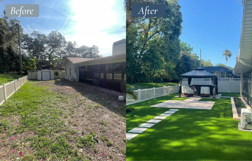 Before and after photo of a backyard renovation in Redington Beach, Florida, showing landscape overhaul with artificial turf and a paver patio.