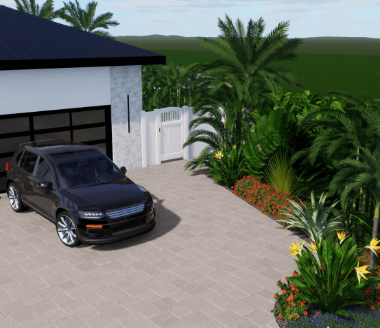 A luxury home driveway landscaping design in Ozona, featuring a paver driveway, tropical plants, and a modern home.