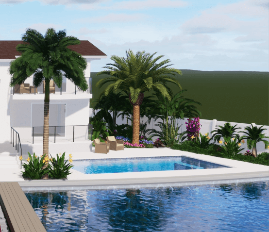 Tropical pool landscaping on Anna Maria Island, with a modern house and palm trees.