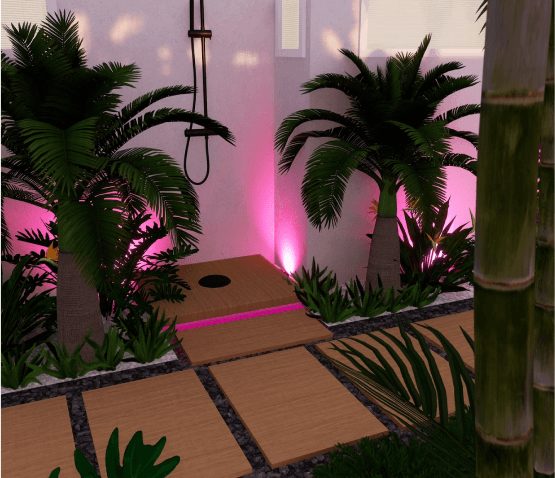 A tropical outdoor shower garden design in Madeira Beach, with pink-lit accents, wooden stepping stones, and lush palm trees.