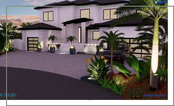 Southern backyard garden design in Saint Petersburg, with a modern white house, paver driveway, and illuminated tropical plants.