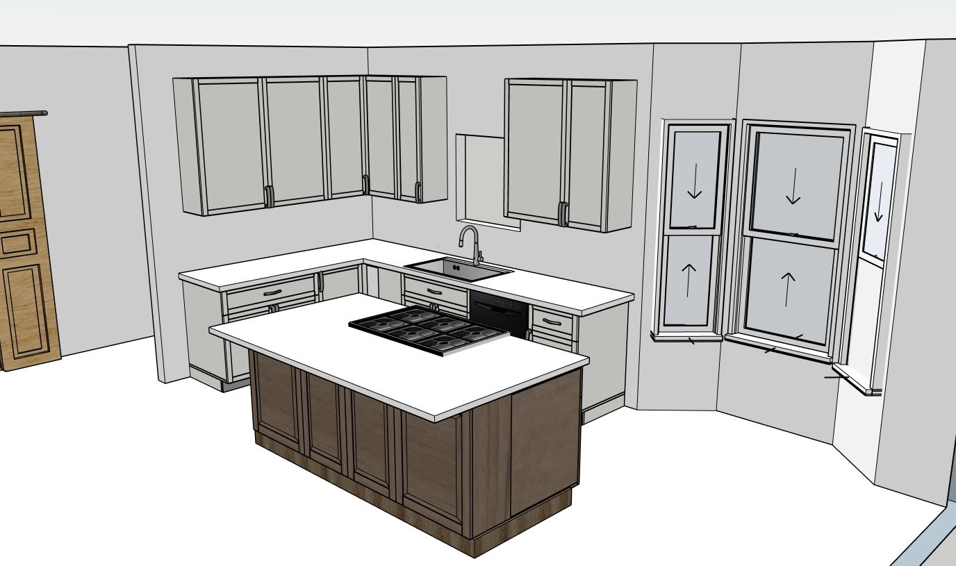 3D CAD drawing of a kitchen layout with island