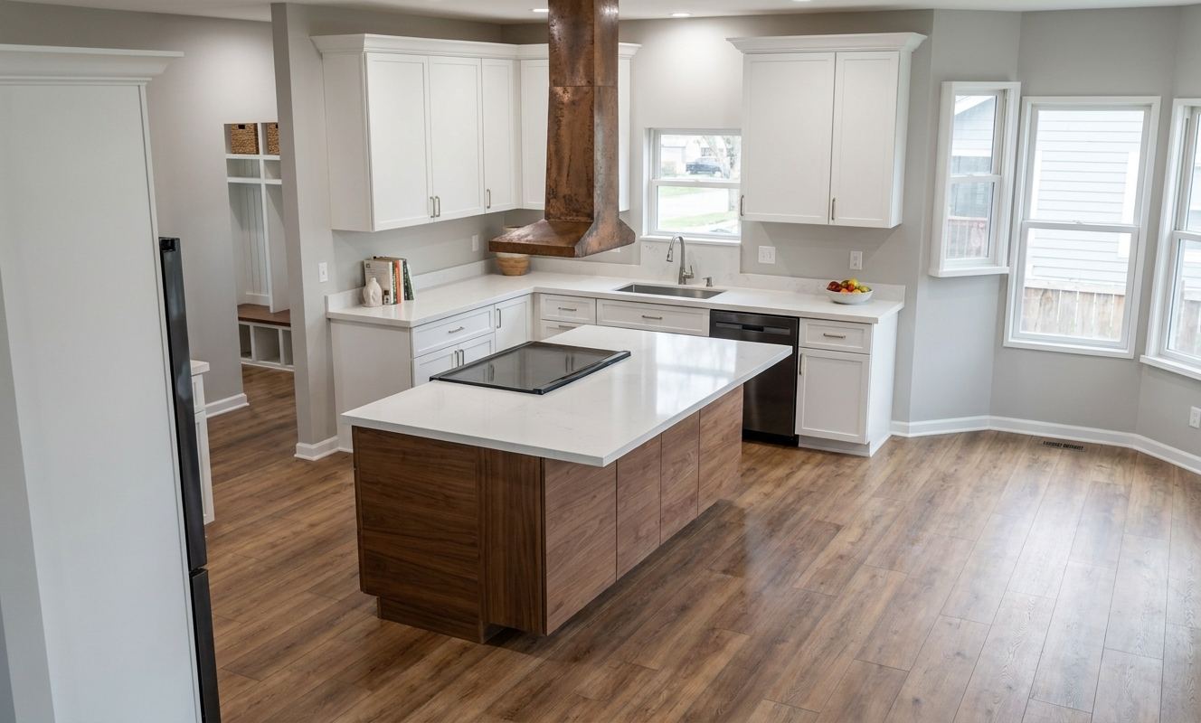 Photo-realistic rendering of a white shaker kitchen with walnut island