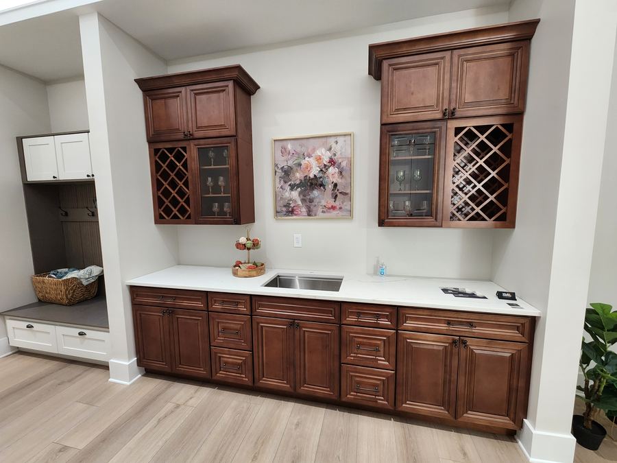 Dark caramel wood cabinets