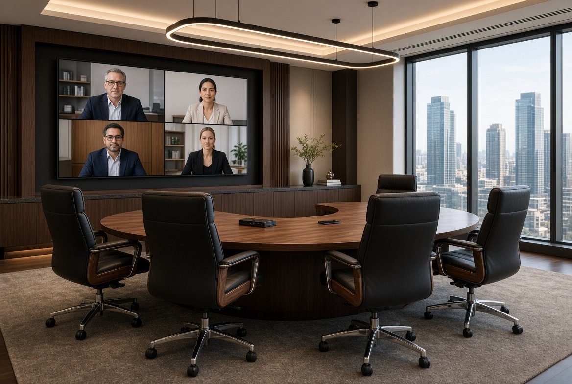 Executive video conference room with a curved walnut table facing a wall display, leather high-back chairs and city views