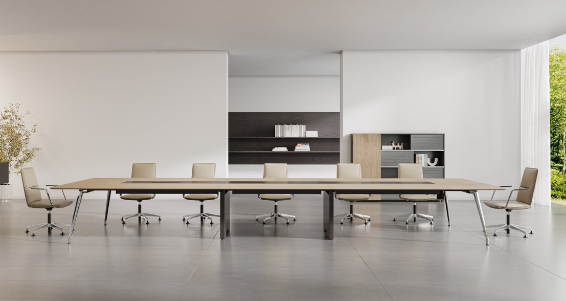 Sunon conference table with integrated power trough and beige conference chairs