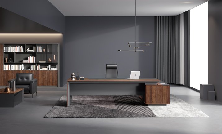 Sunon executive office with walnut L-desk, leather chair and bookcase wall