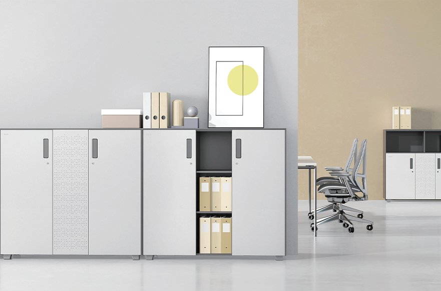 Sunon storage cabinets with perforated and solid doors, open shelving and binders