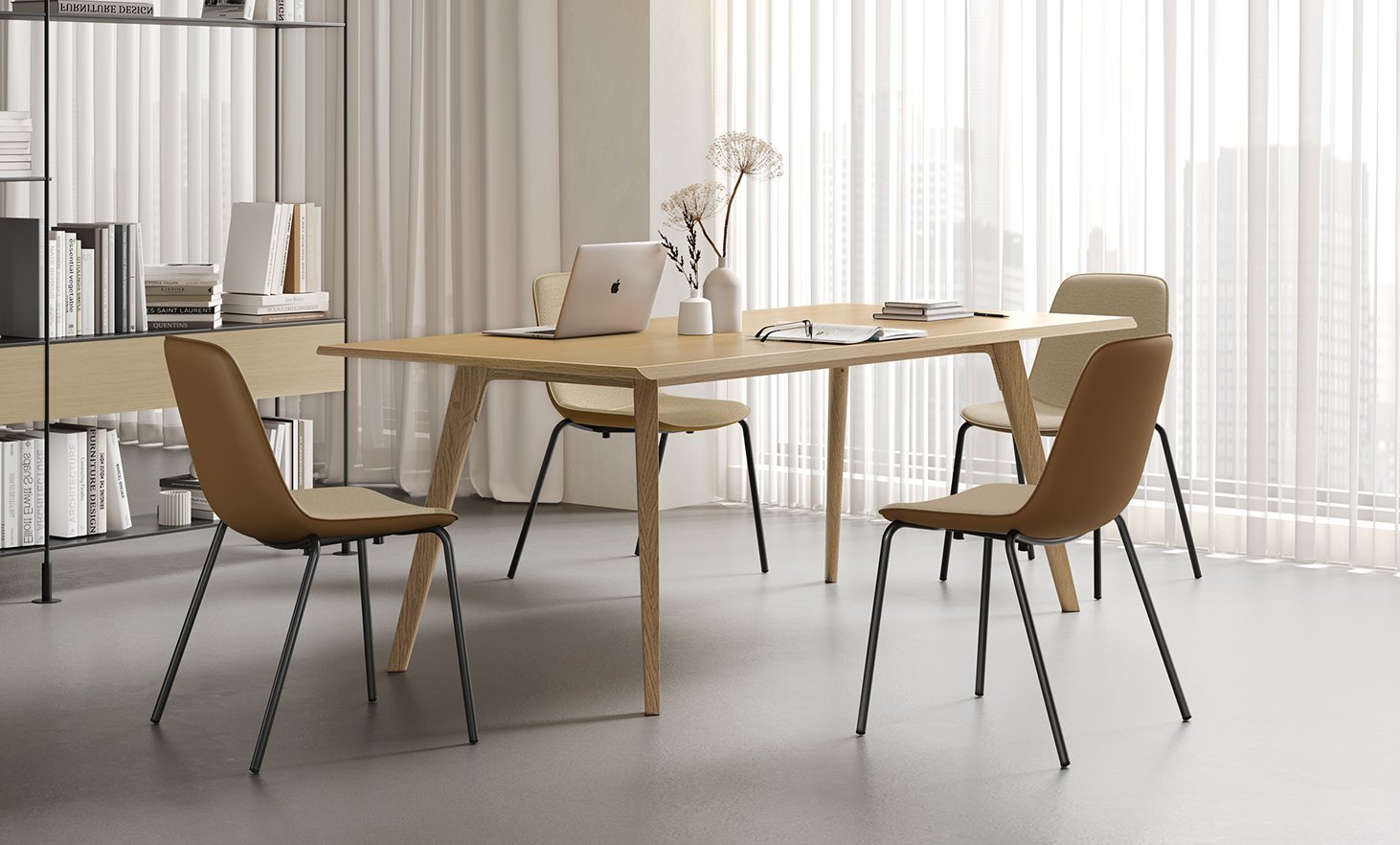 Sunon upholstered shell chairs around a wood-leg table