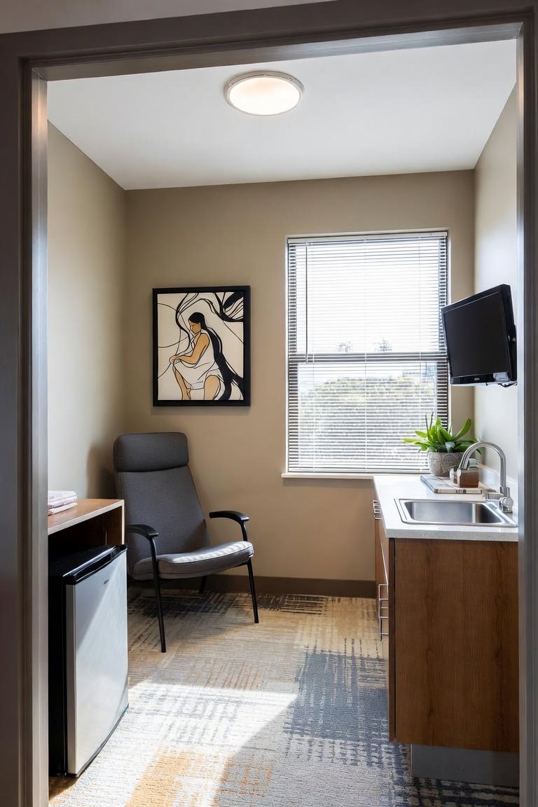 Sunon mothers room with an upholstered high-back armchair, sink counter and mini fridge