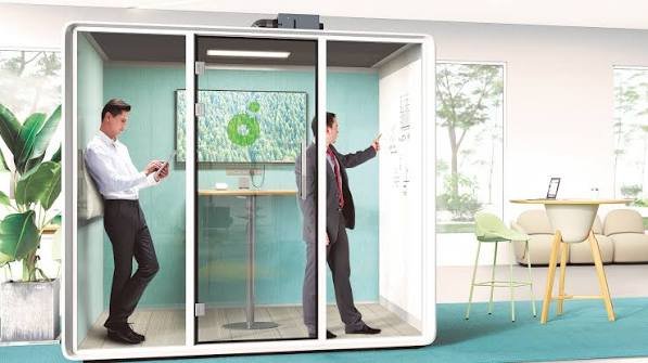 Sunon two-person phone booth with glass door and standing table