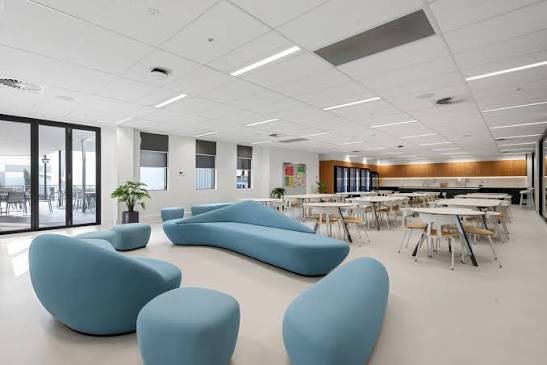 Sunon soft blue sculptural lounge seating in a bright open space