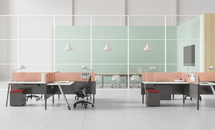 Sunon benching with coral desk screens and mobile pedestals
