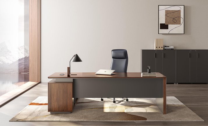 Sunon private office with walnut desk, return and storage credenza