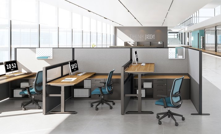 Sunon panel system workstations with sit-stand desks and storage