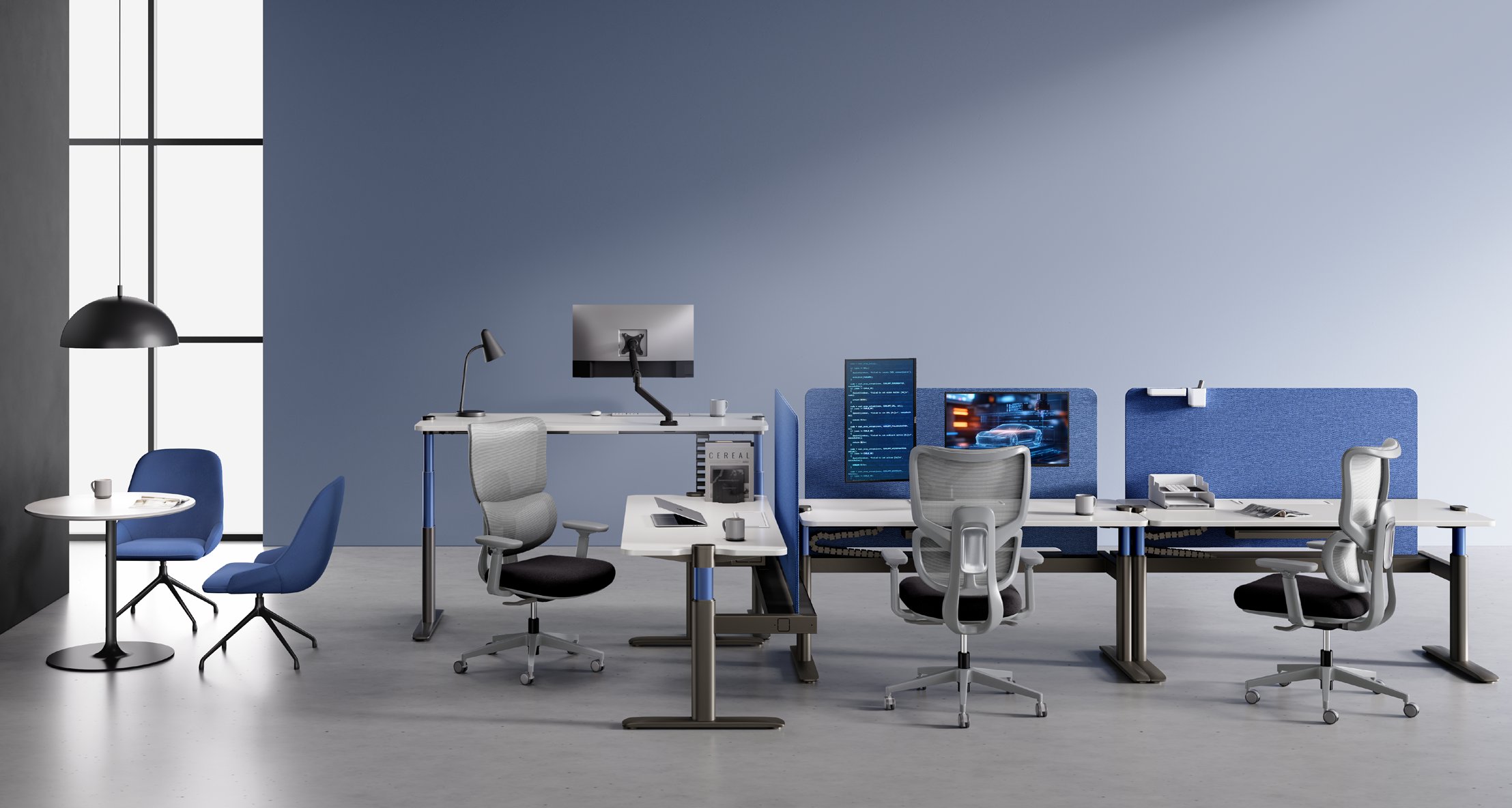 Sunon height-adjustable workstations with blue acoustic screens, mesh task chairs and a café table setting