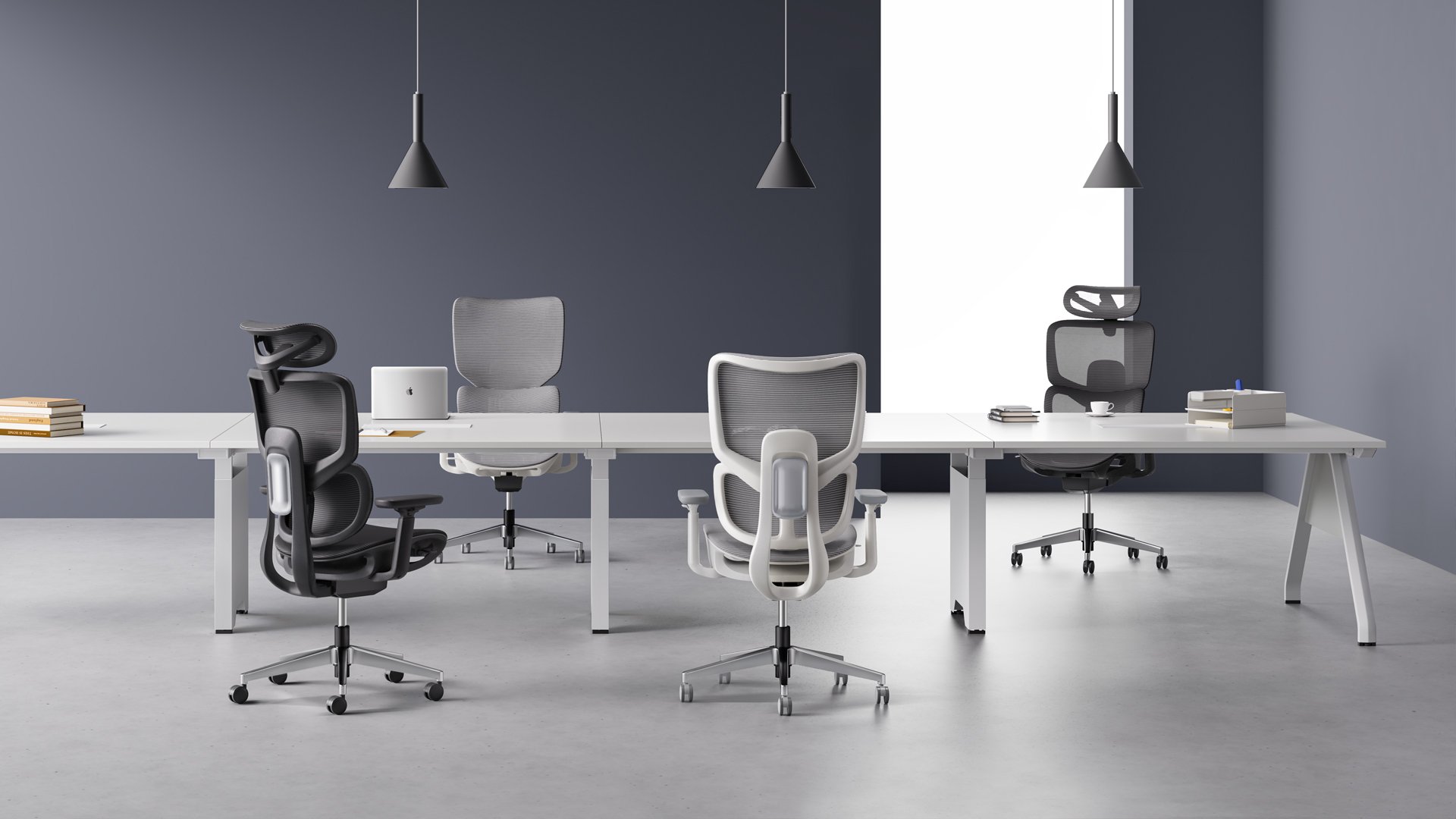 Sunon ergonomic mesh chairs at long white shared work tables