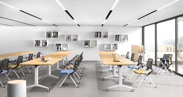 Sunon training room with flip-top mobile tables and nesting mesh chairs