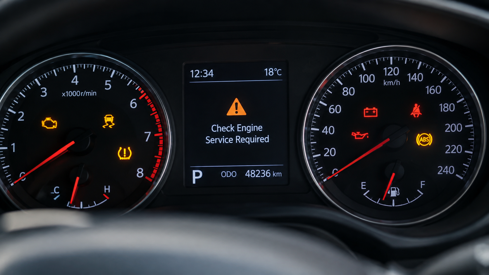 Car dashboard with multiple red and amber warning lights illuminated.