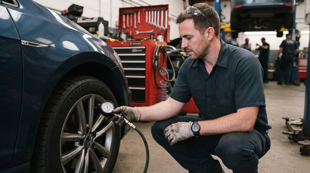 Mechanic checking a car tyre’s pressure with a handheld gauge.