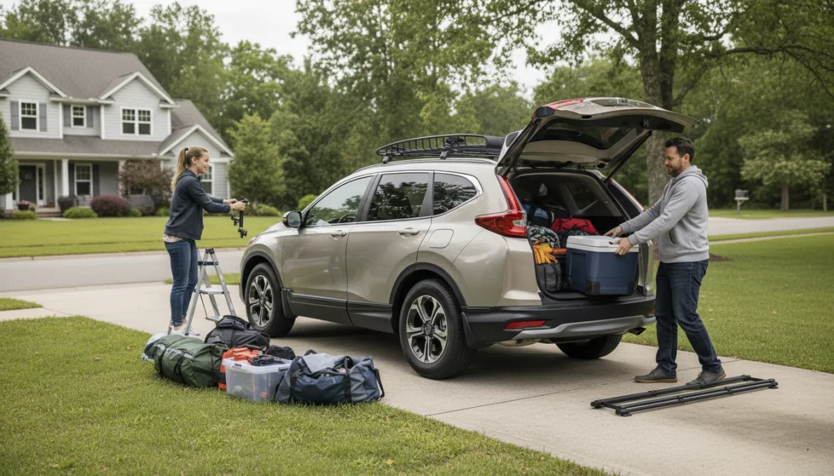 Family loading luggage, camping gear and a cooler into the boot of an SUV.