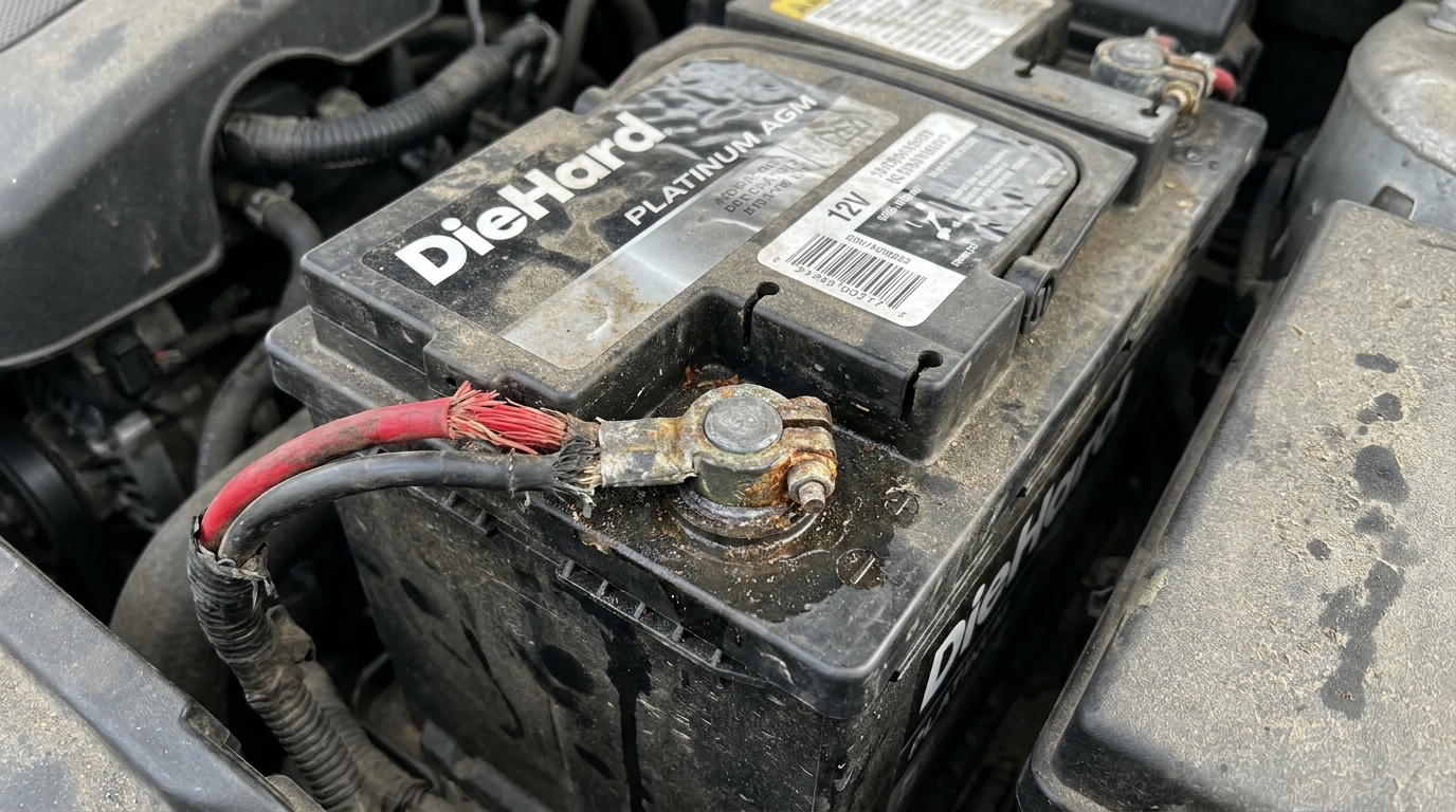 A close-up view of a car battery with frayed red wiring attached to a rusty positive terminal under a vehicle hood.