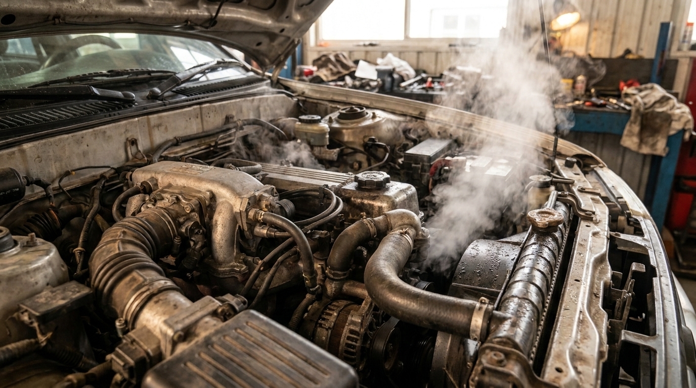 Car engine bay with steam rising from the radiator area, indicating overheating.