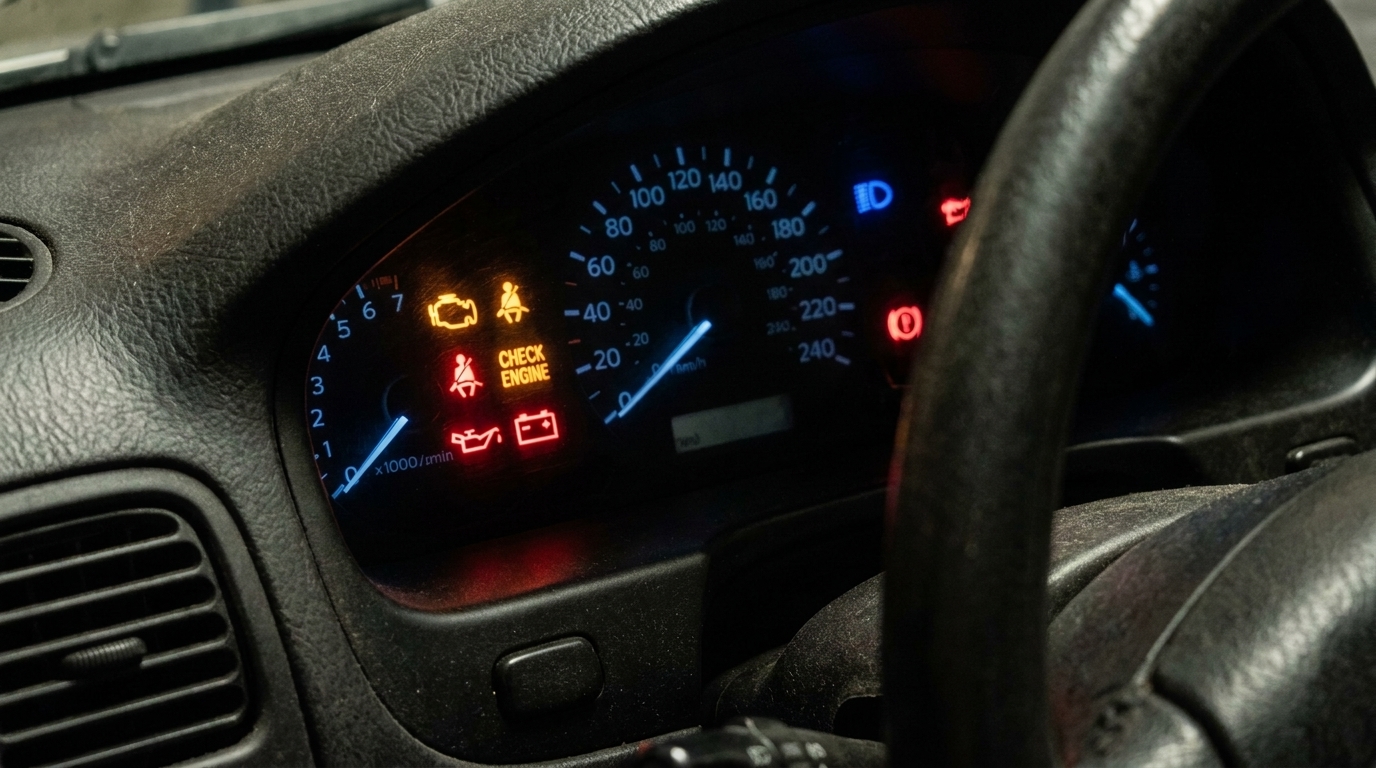 Car dashboard with several illuminated warning lights, including check engine and battery icons.