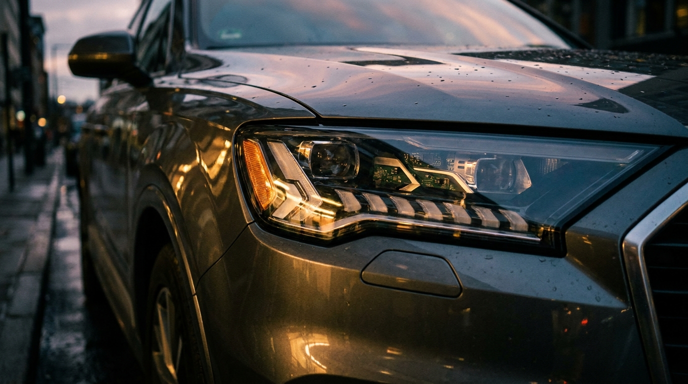 Close-up of an SUV's illuminated LED headlight glowing at dusk on a wet city street, reflecting streetlights and rain-covered pavement.