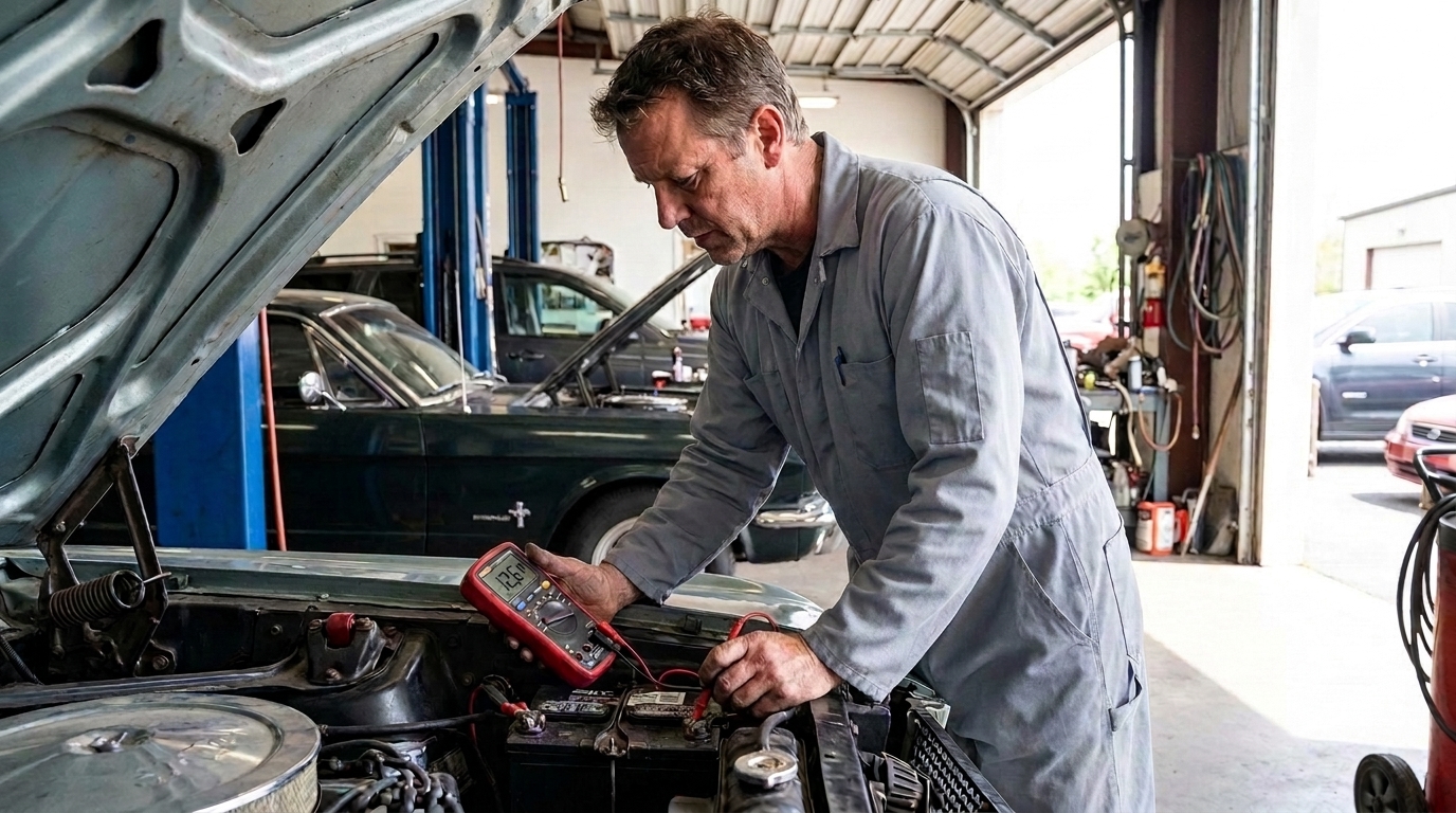 Mechanic in grey overalls using a digital multimeter to test a car battery under the open bonnet of a vehicle in a garage workshop.
