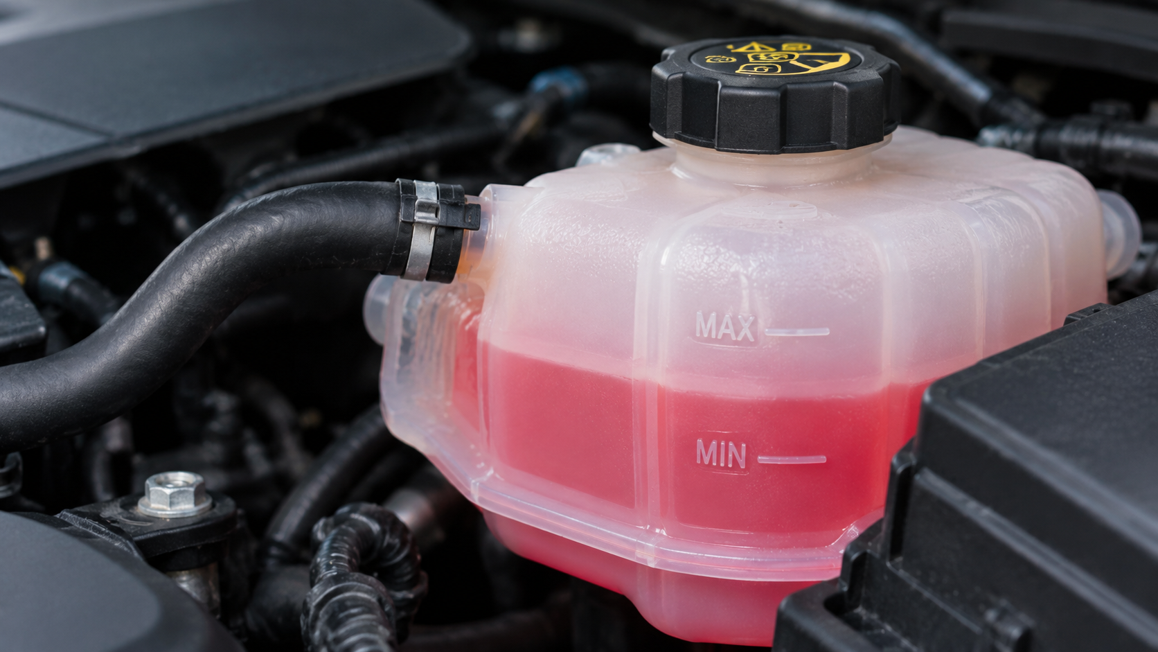 Close-up of a car's coolant reservoir showing pink coolant sitting between the MIN and MAX level markings.