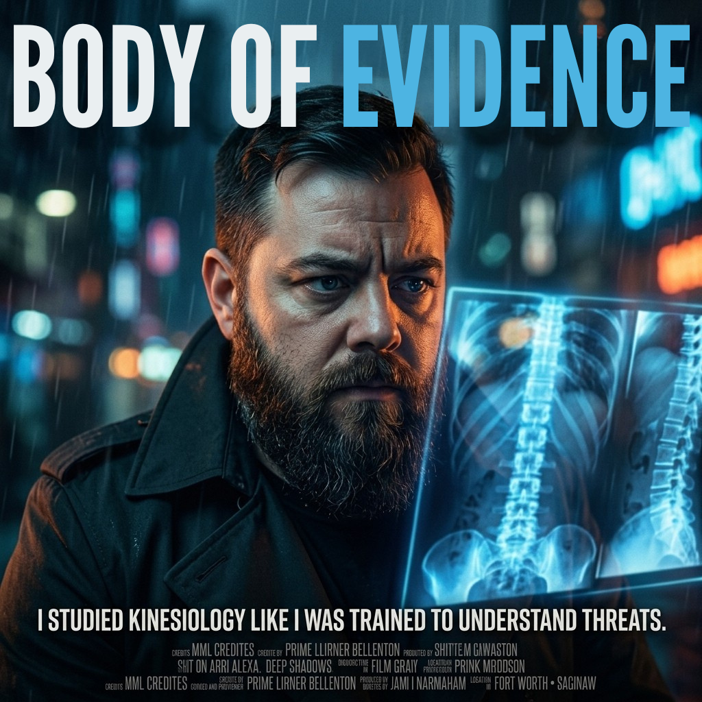 Body of Evidence — Dr. Mac in clinical lighting studying X-rays and monitors, subtitle I studied kinesiology like I was trained to understand threats