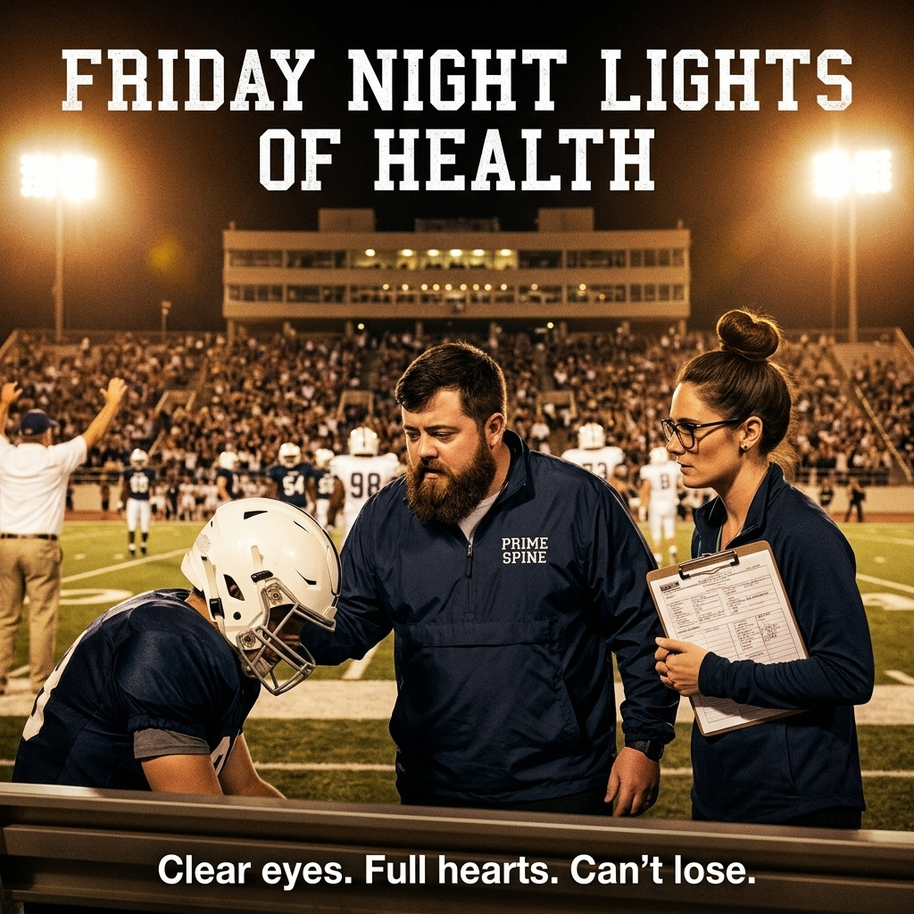 Friday Night Lights of Health — Dr. Mac and Dr. Abi on a Texas high-school football sideline at dusk, stadium lights in the background