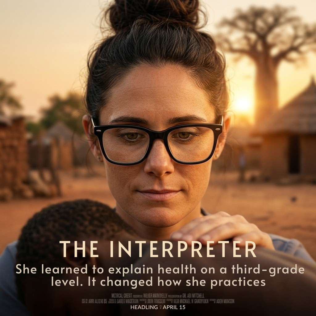 The Interpreter — Dr. Abi adjusting a patient on her Ghana chiropractic mission trip, warm golden-hour cinematic poster