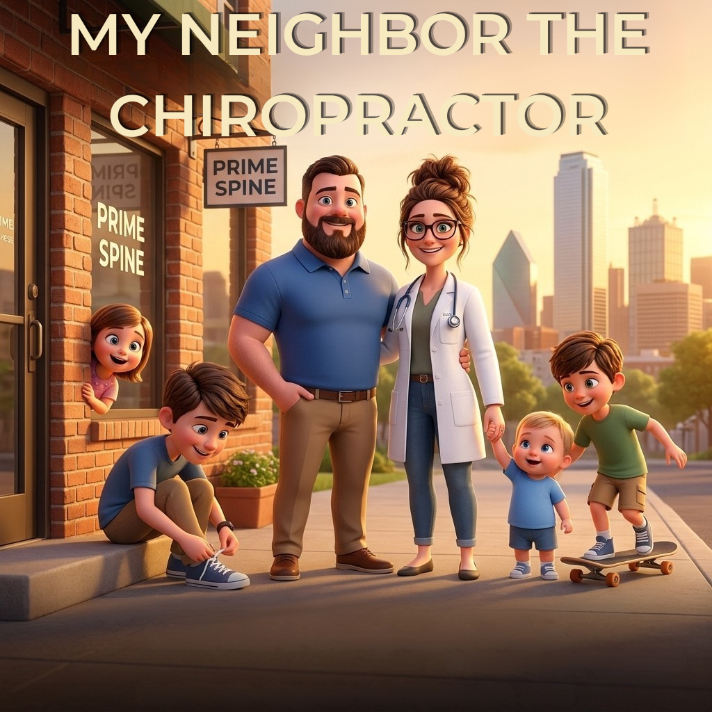My Neighbor the Chiropractor — Studio Ghibli-style animated family poster of the MacMullins in a soft pastoral scene